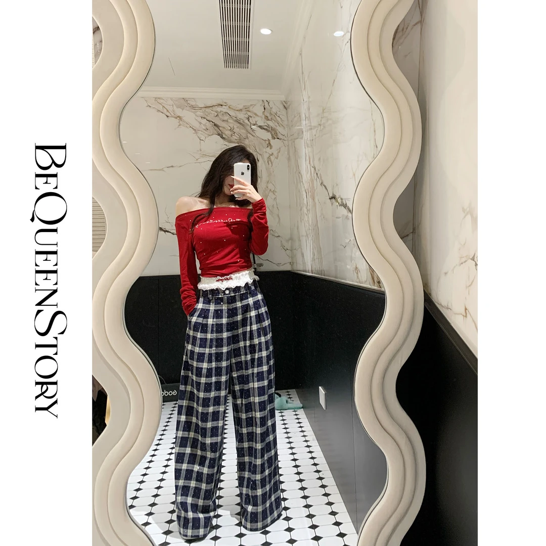 余潇潇【时光定格】100%棉烫钻格纹直筒阔腿裤短裤真两件