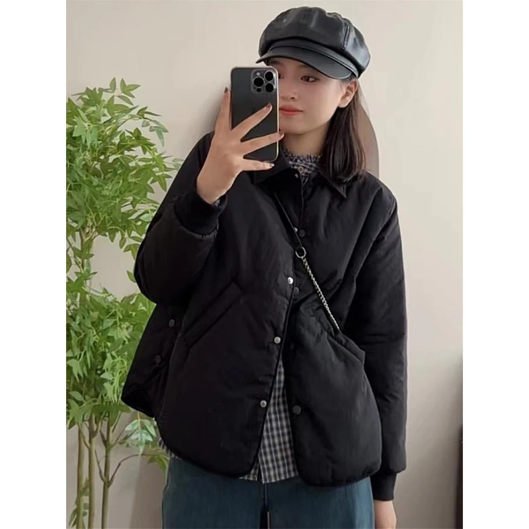 时尚休闲翻领单排扣轻薄短棉质女装2025秋冬新款休闲宽松棉质外套