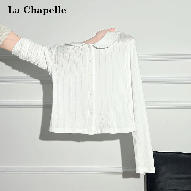拉夏贝尔娃娃领排扣甜美感长袖针织开衫T恤女秋打底修身外穿上衣