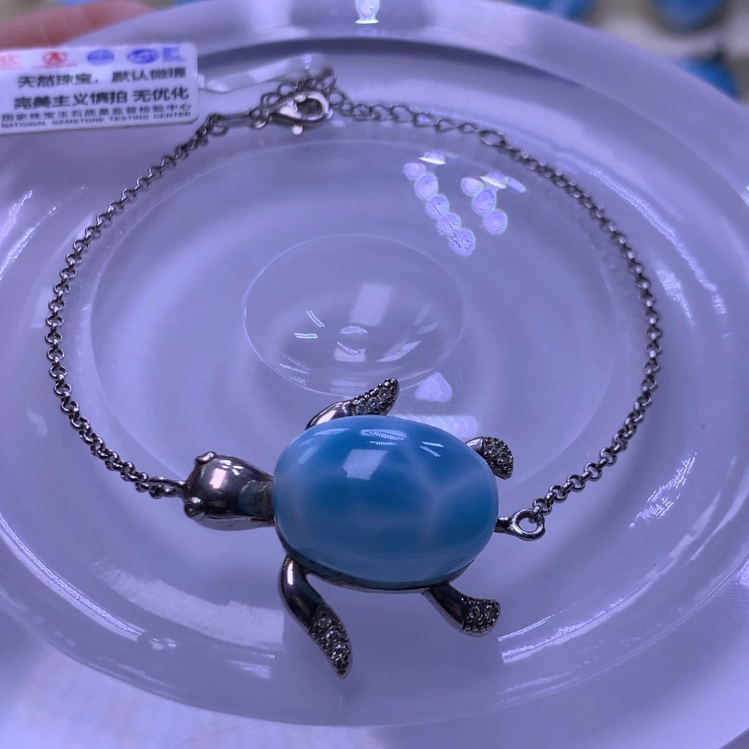 针钠钙石（海纹石）银S925镶嵌手链银龟手链色差略异