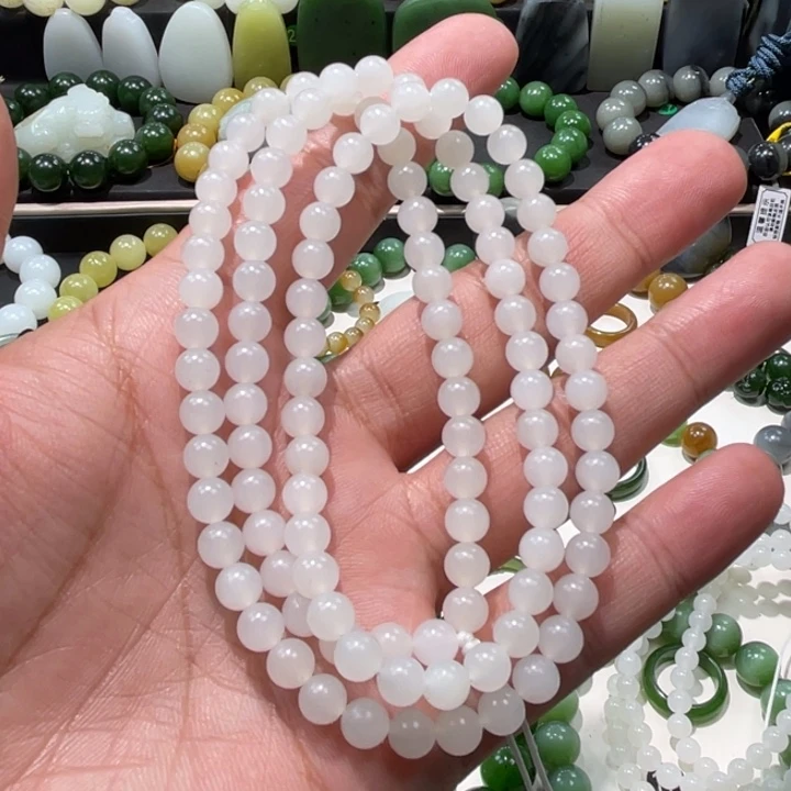 和田玉未镶嵌手串新疆黑山卡8柔光108