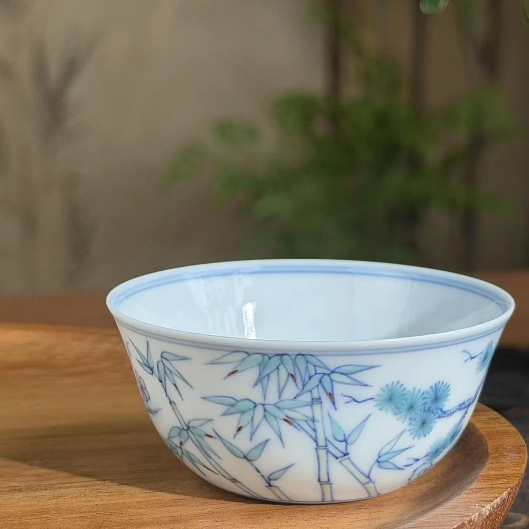 望月怀古斗彩松竹梅小鸡缸杯WYHG077纯手工手绘陶瓷