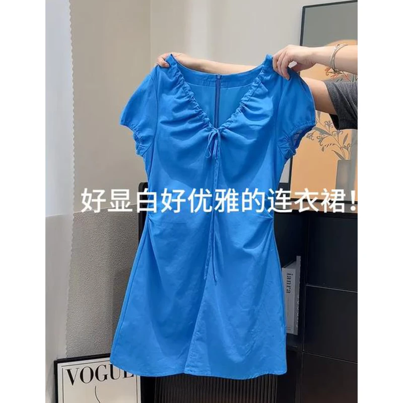甜美温柔抽褶v领系带连衣裙女夏季新款法式气质v领收腰显瘦短裙子