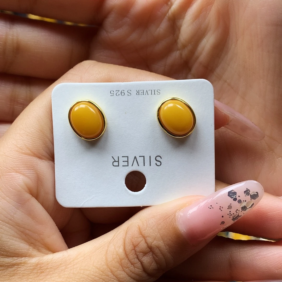 蜜蜡银S925镶嵌耳饰耳钉