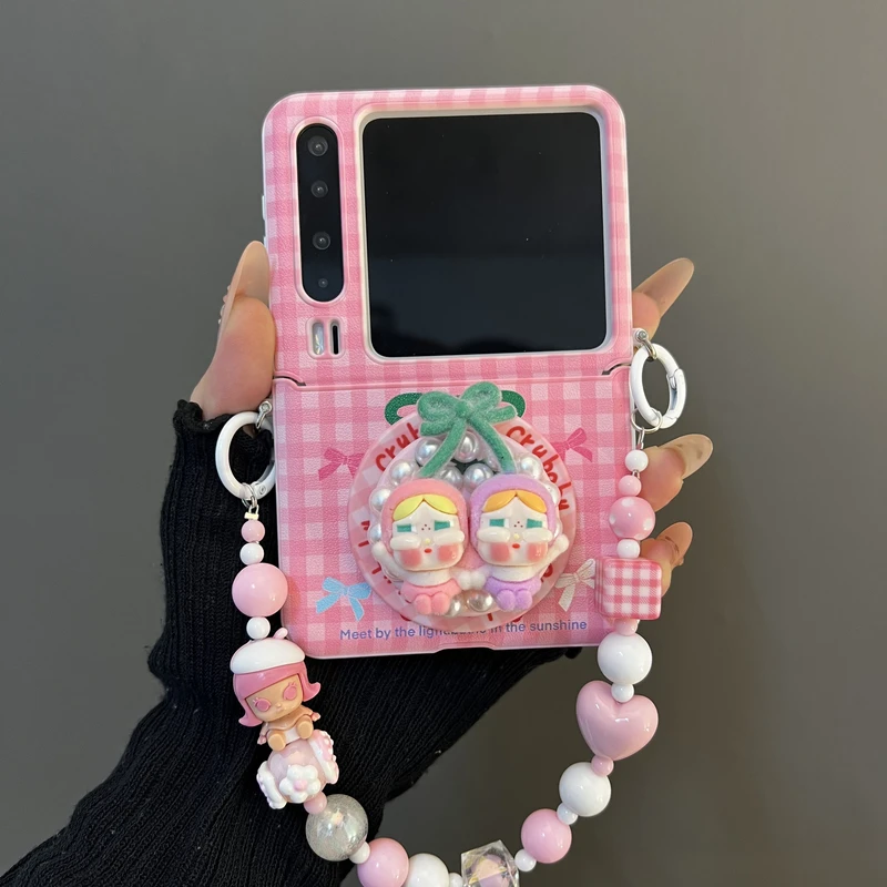 韩风粉格纹樱桃哭娃适用华为purax典藏版手机壳pocket2磁吸支架小