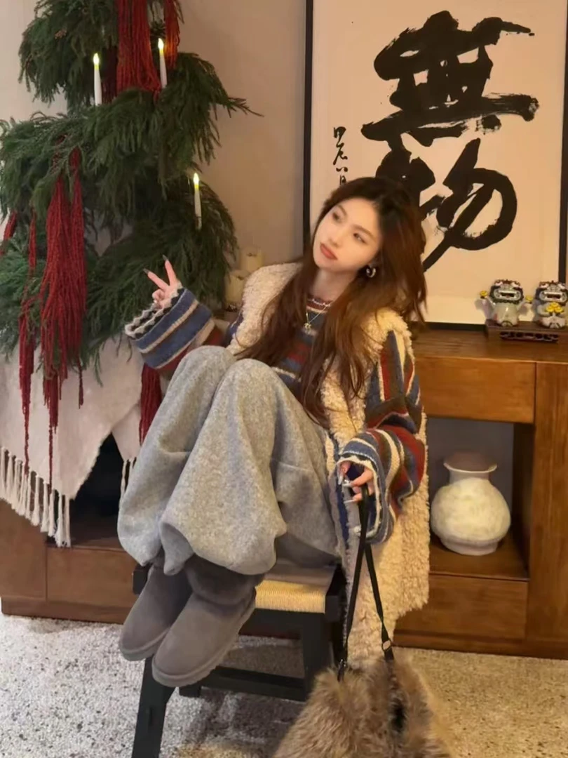 2025秋冬新款韩系慵懒彩色条纹毛衣毛毛马甲搭配休闲裤保暖三件套