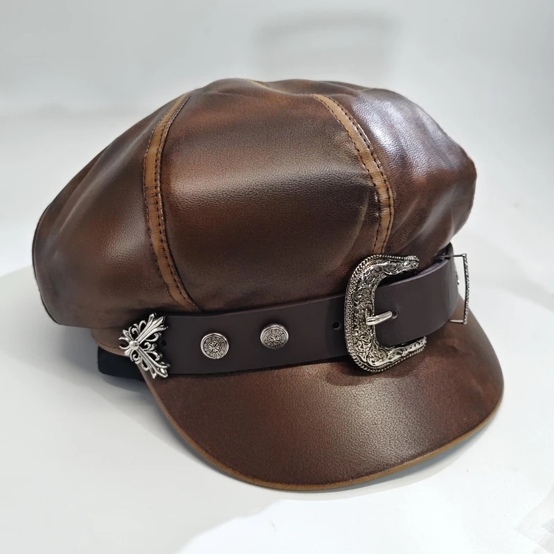 M161复古百搭咖色晕染马蹄皮带扣机车帽