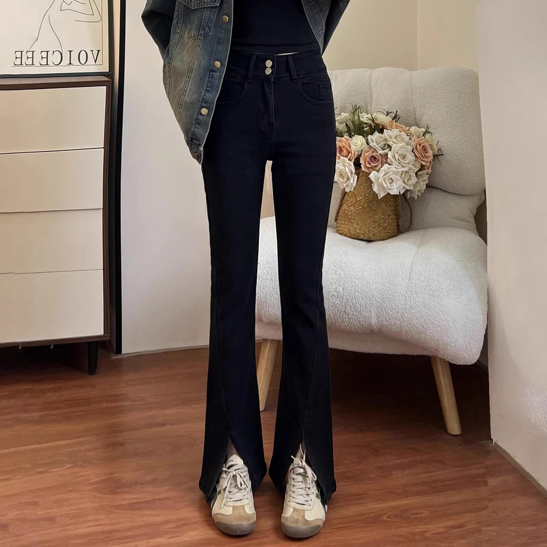 黑色前开叉微喇牛仔裤女2025春款小个子微胖大码腿粗弹力显瘦长裤