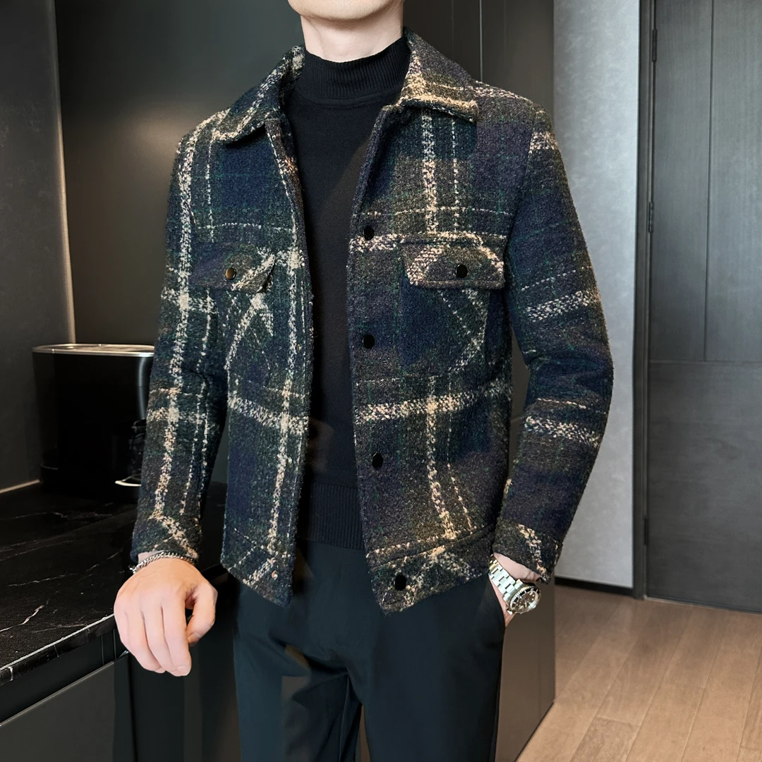 秋冬格子短款夹克男士潮牌加厚毛呢大衣2025新款痞帅修身呢子外套