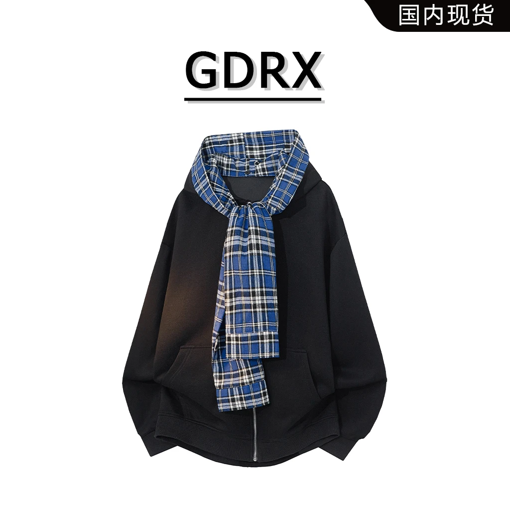 GDRX美式潮流时尚卫衣男2026春季新款可拆卸格纹围巾高级感男装