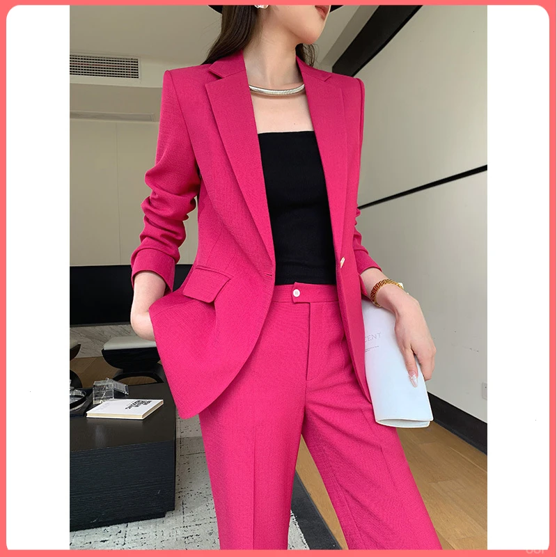 玫红色西装套装女高级感时尚气质秋季播音艺考主持人职业套装西服