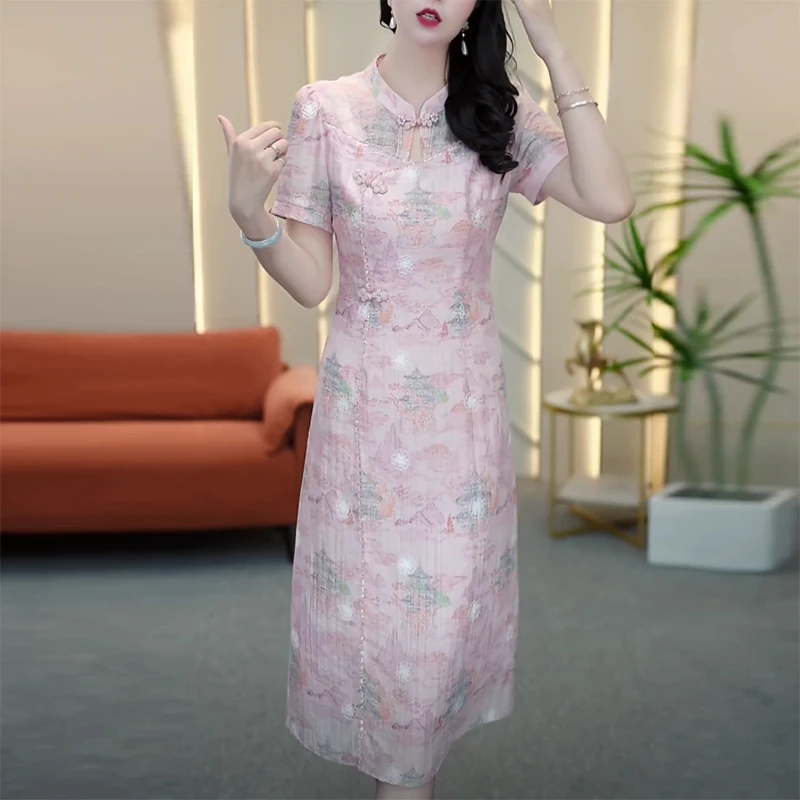 夏季优雅气质减龄收腰显瘦修身洋气大气妈妈装中长款轻熟风连衣裙