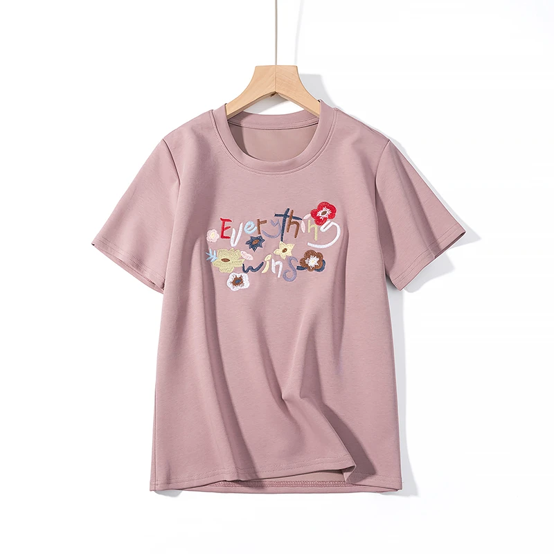 【缤纷夏日】铜氨丝冰爽透气百搭显瘦重工刺绣短袖薄T恤B7641#L1821