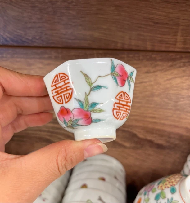 创汇瓷器品茗杯手工白瓷手绘福寿纹八方杯主人杯茶杯茶具陶瓷40cc