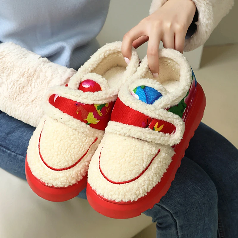 东北大花棉拖鞋女士秋冬季保暖魔术贴包跟居家用轻便防滑厚底柔软