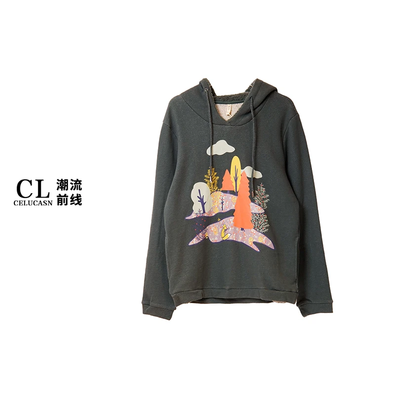 E5SB2720#原创国风插画印花男女情侣款宽松卫衣女连帽百搭