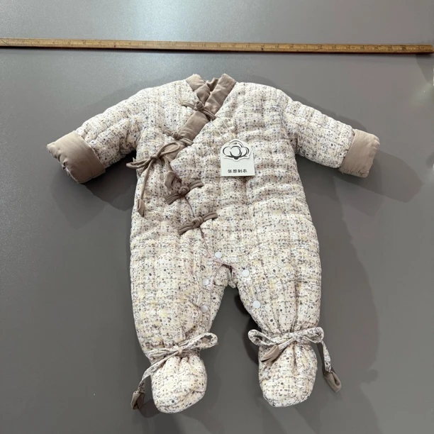 国风宝宝棉花连体衣冬季加厚双层纱灰