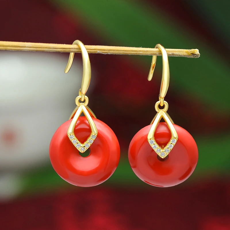 天然辰砂 小银匠新款925银耳环红色古风招财本命年蛇年珐琅耳坠