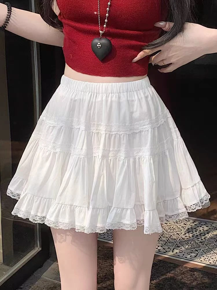 法式芭蕾风蛋糕半身裙女小个子短裙高腰显瘦蕾丝边a字蓬蓬裙