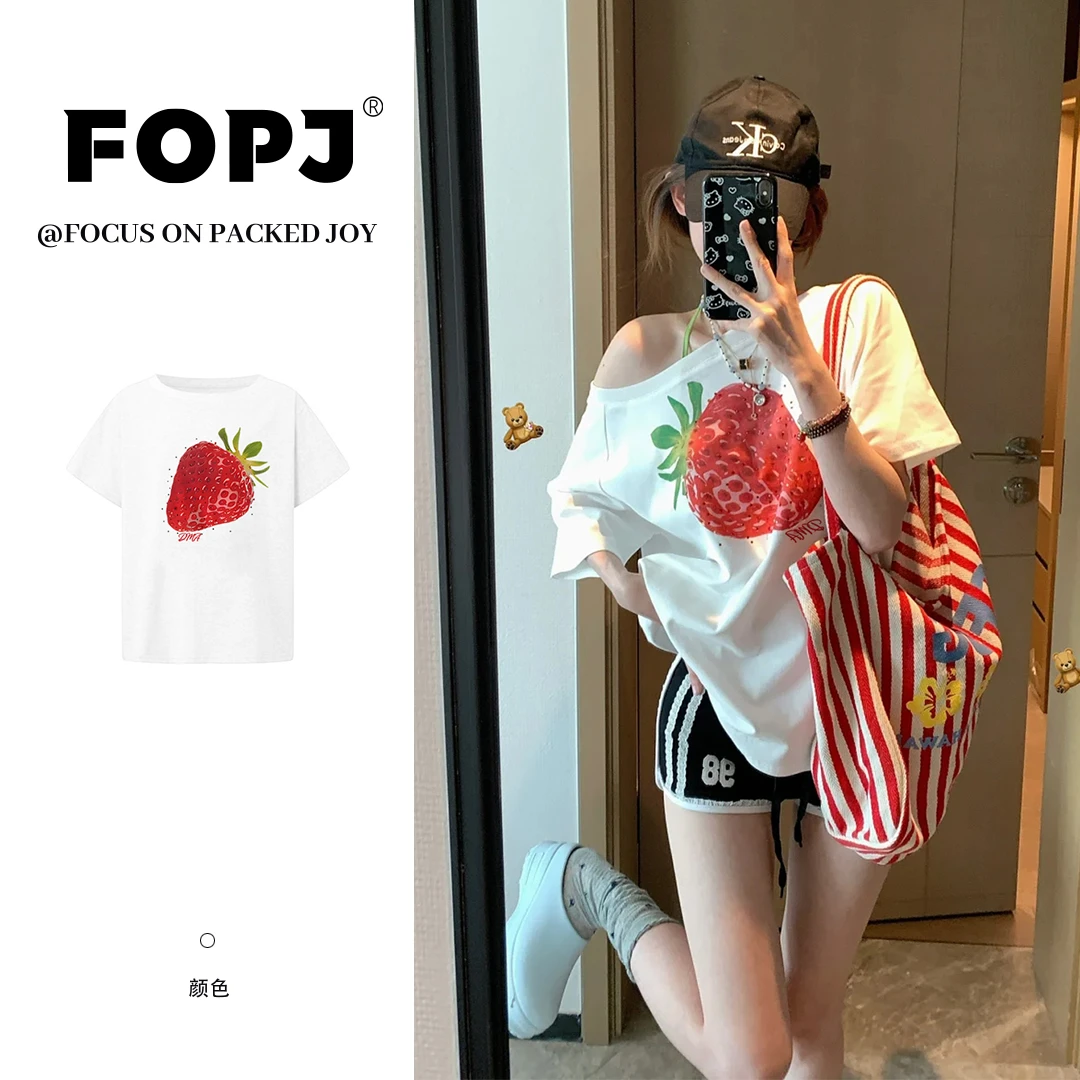 FOPJ韩版斜领露肩短袖t恤女夏季设计感草莓印花宽松纯欲风上衣T恤