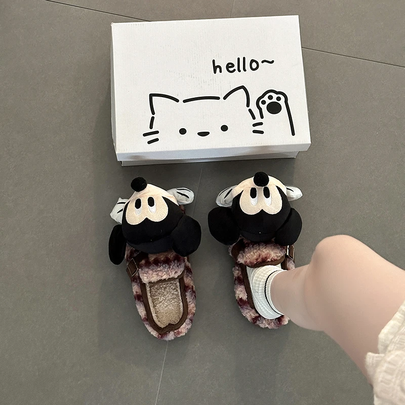 可爱卡通老鼠毛毛鞋女2025秋冬新款外穿格纹百搭保暖舒适包头拖潮