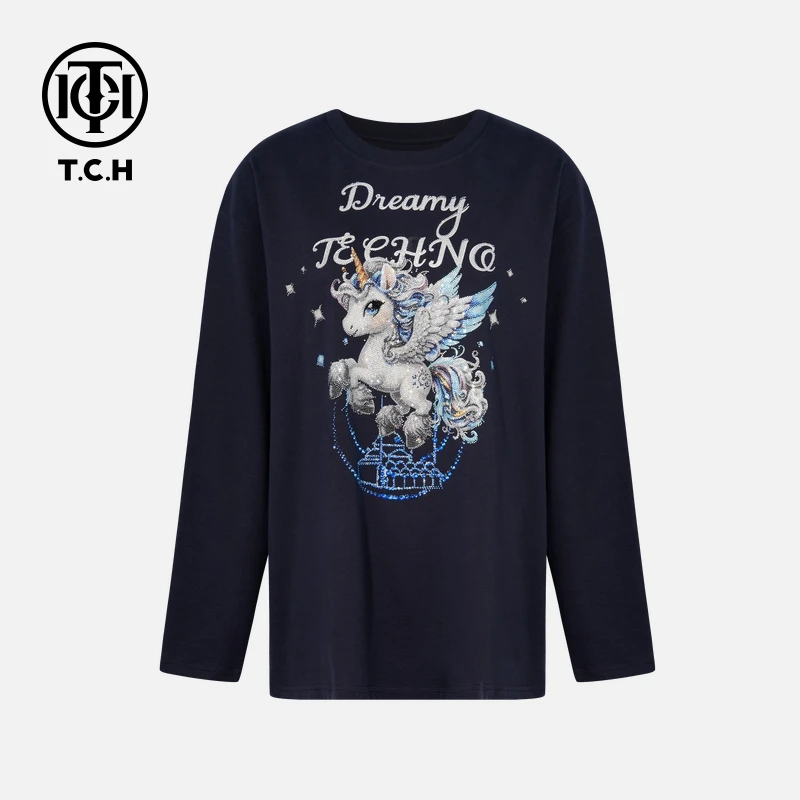 TCH私服烫钻工艺时尚休闲百搭气质秋款T恤女T75C08E9006轻奢tch