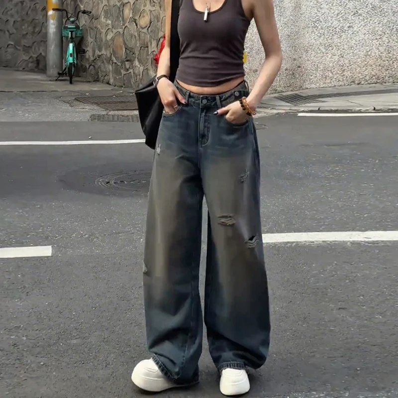 小个子美式时尚阔腿牛仔裤女2025夏季新款高腰宽松显瘦直筒拖地裤