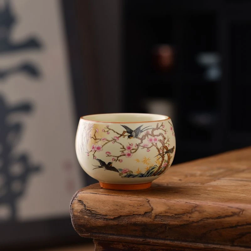 TJ033米黄喜上眉梢铜钱主人杯（单品包邮偏远除外）