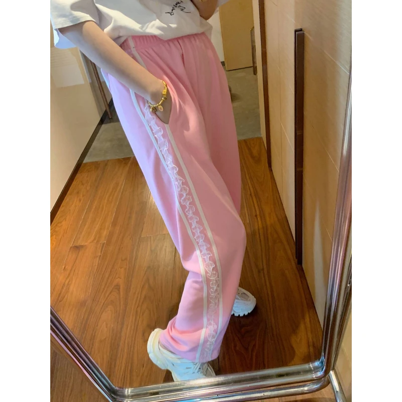 【张静芝】侧蕾丝织带拼接松紧腰休闲裤