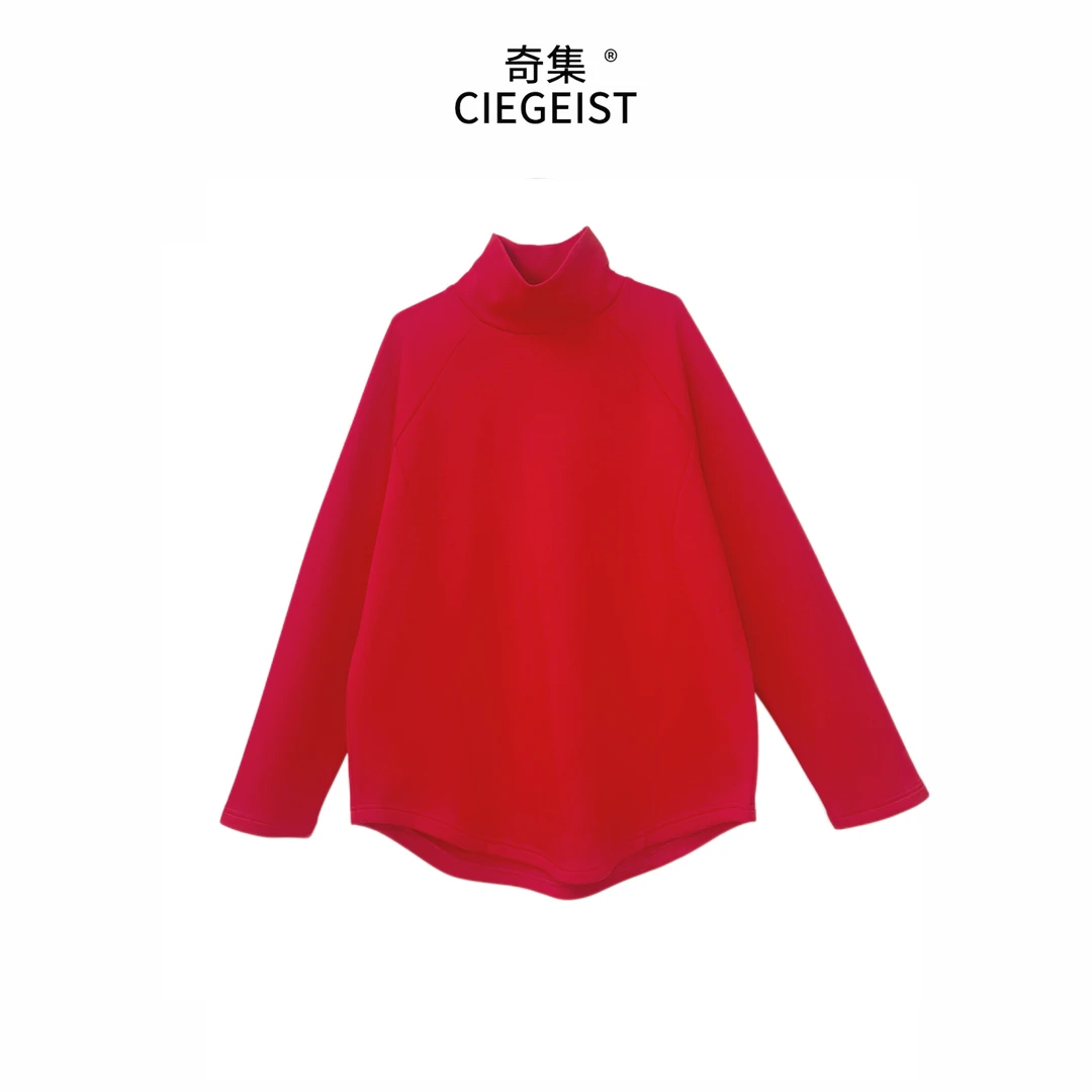 奇集秋冬设计师款宽松版圆下摆加绒加厚高领显瘦百搭长袖卫衣2170