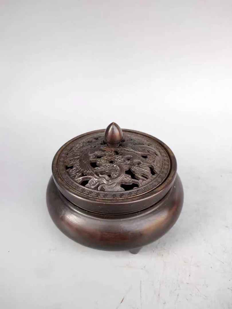 铜仿古带盖龙凤紫铜色檀香盘香炉家用室内供佛三足熏香炉