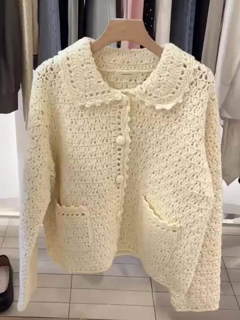 极简气质优雅温柔减龄款杏色上衣女2025早秋口袋翻领纽扣针织开衫