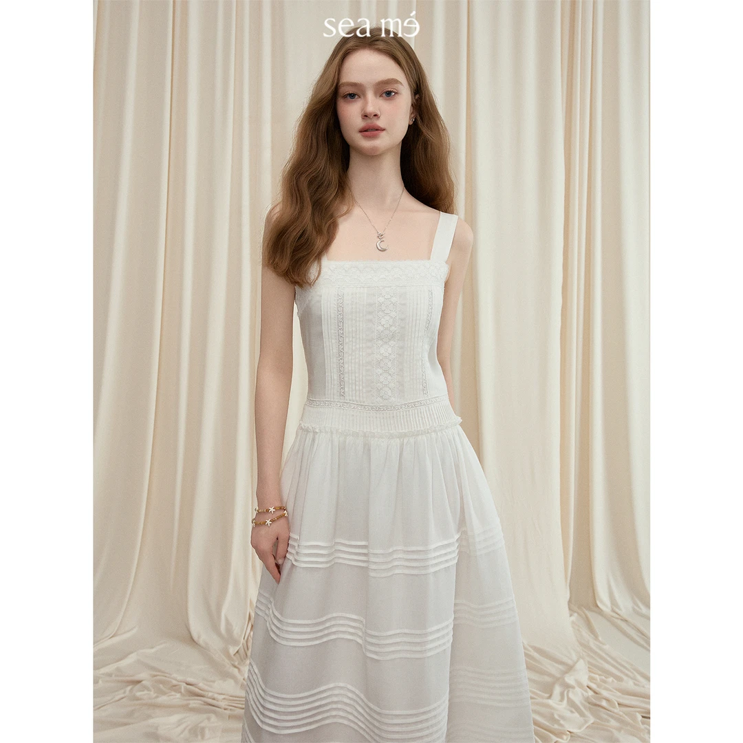 Seame汐觅【芭蕾手账】砂洗天丝重工蕾丝吊带长裙韩系甜美连衣裙