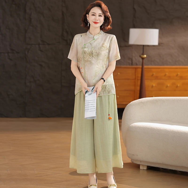 母亲节妈妈夏装两件套2025新款中老年女装夏季雪纺上衣阔腿裤套装