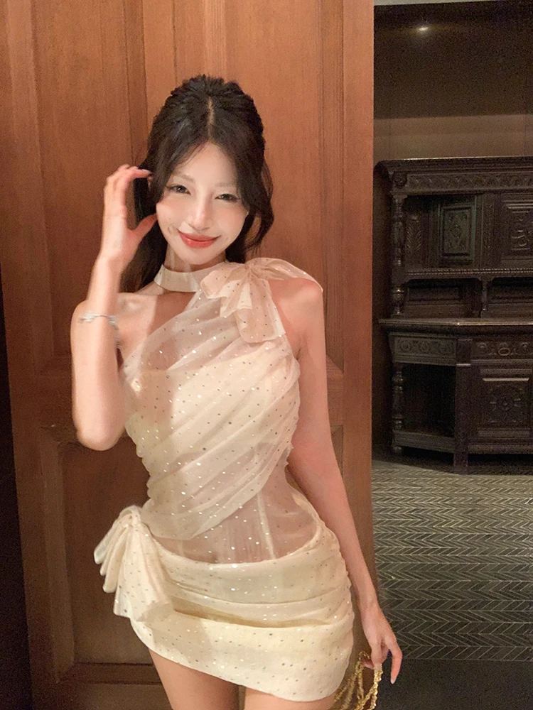 气质波点透视设计感挂脖蝴蝶点连衣裙纯欲风辣妹性感修身包臀短裙