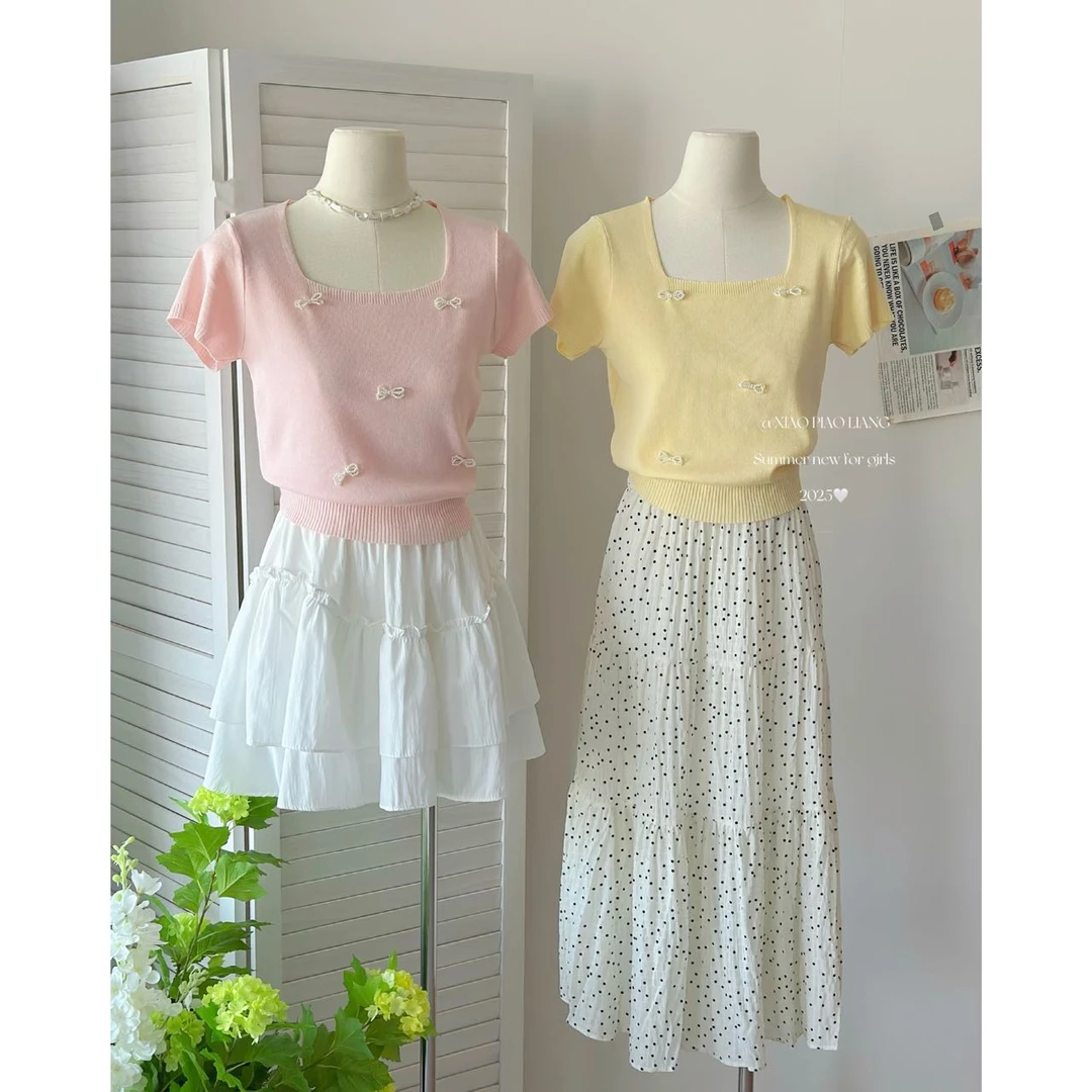 韩系夏季少女温柔欧若风蝴蝶结短袖方领甜美针织衫上衣36182#0.1