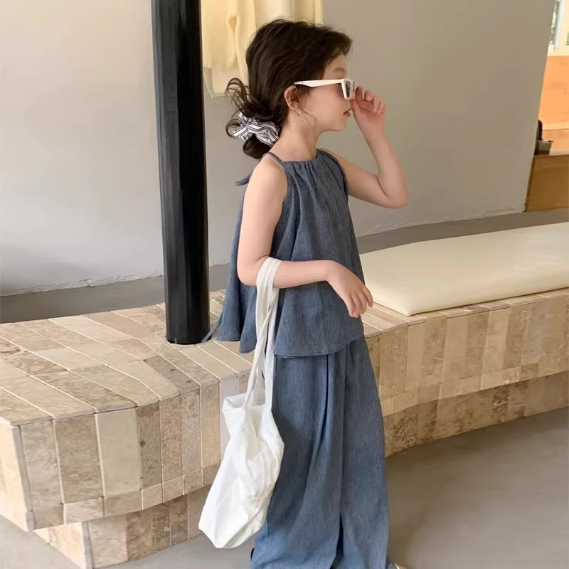 女童夏季套装2025新款韩版儿童高级感透气吊带衫蓝色阔腿裤两件套