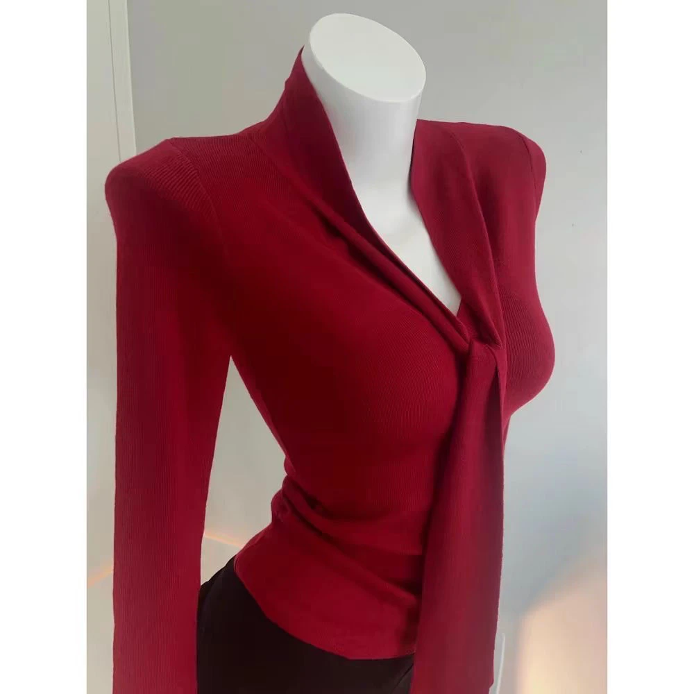 德绒纯欲风内搭打底衫女春秋冬季新款V领系带长袖T恤修身加绒上衣