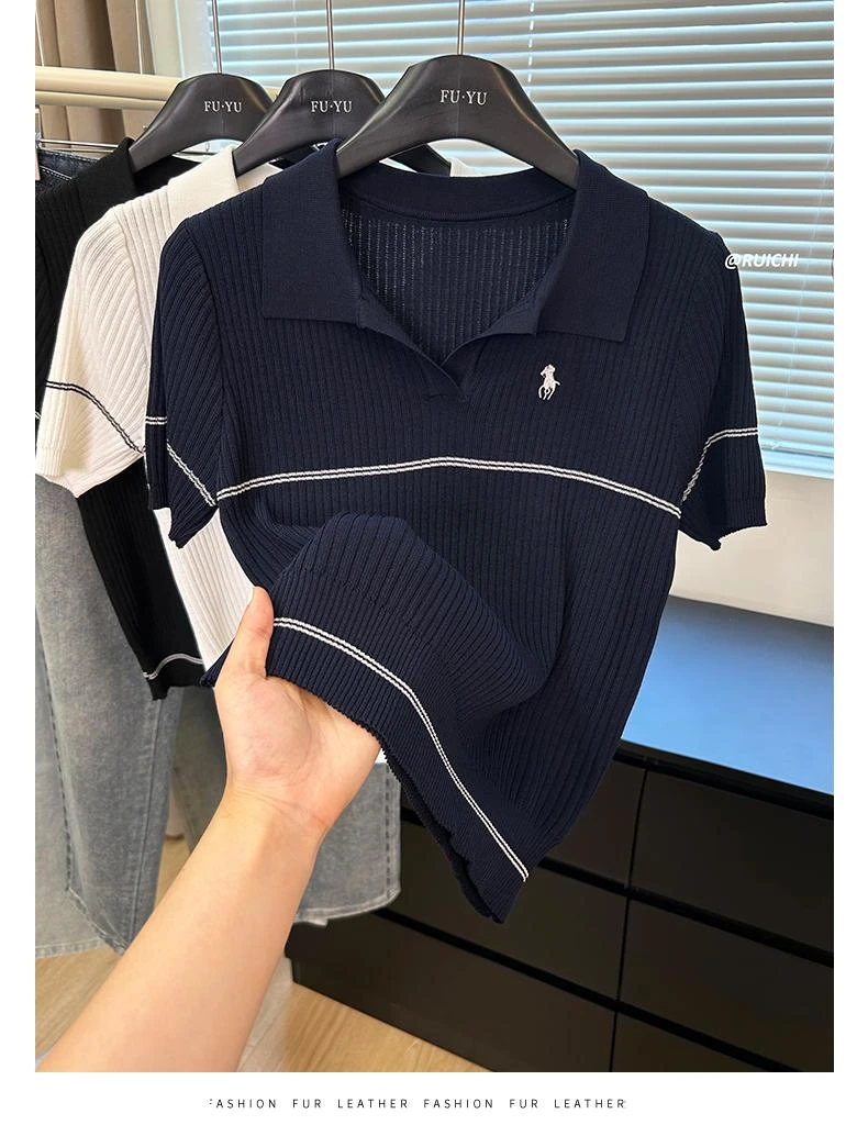 【大码】2110小马刺绣POLO领高级感短袖针织衫女夏新款修身显瘦上衣