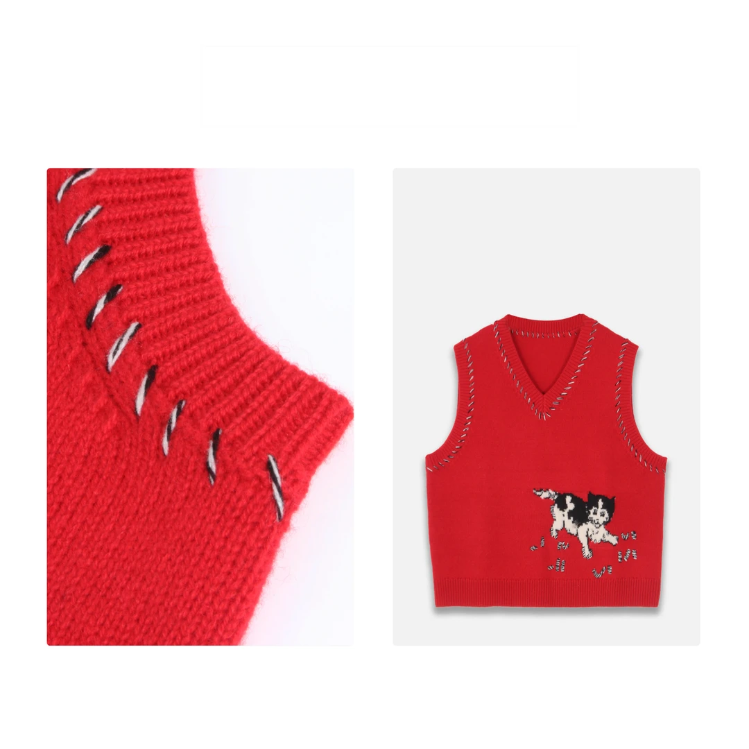 凯特丝蓓#1176小猫提花马甲女宽松百搭无袖毛衣马夹坎肩