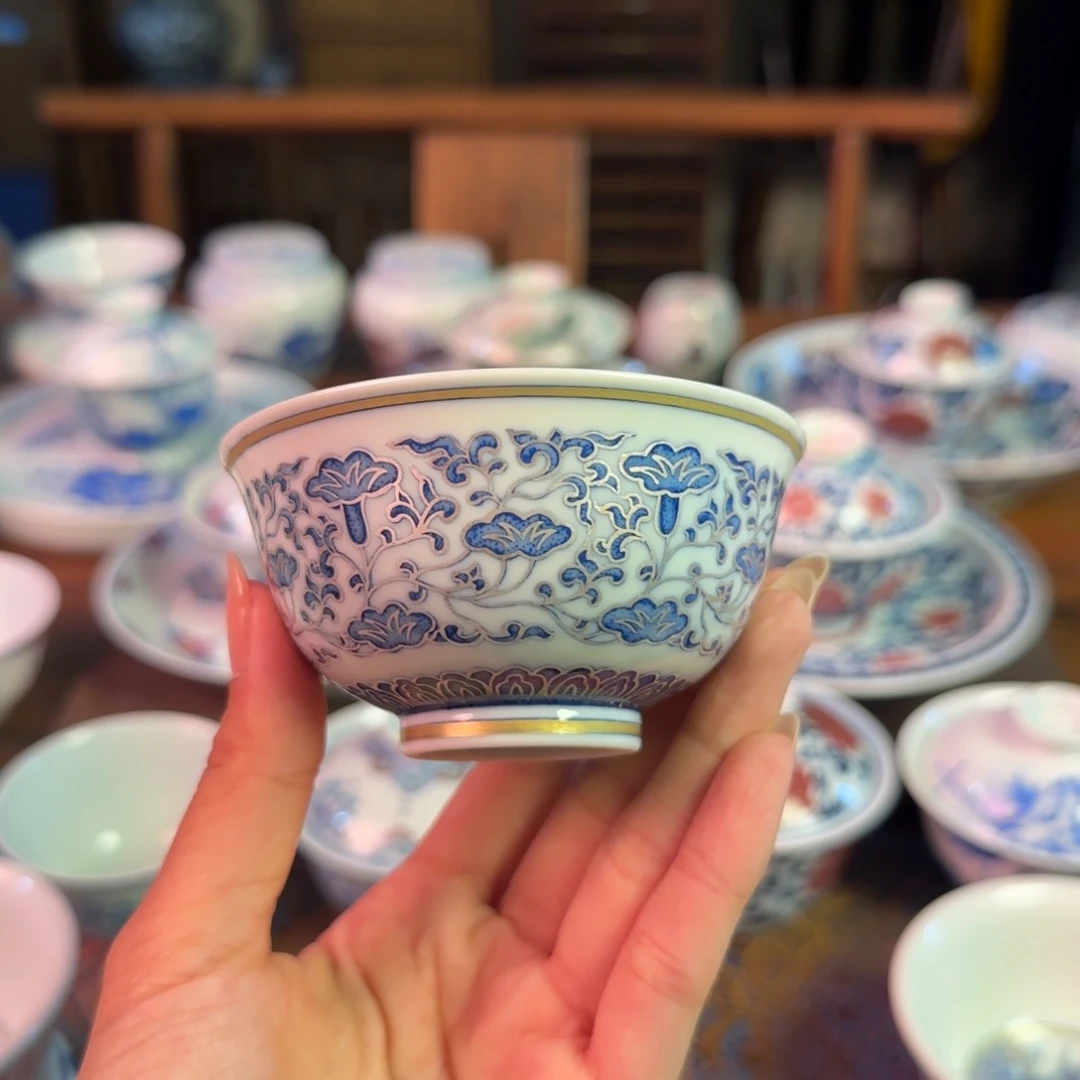 重工点工描金银缠枝花卉杯纯手绘
