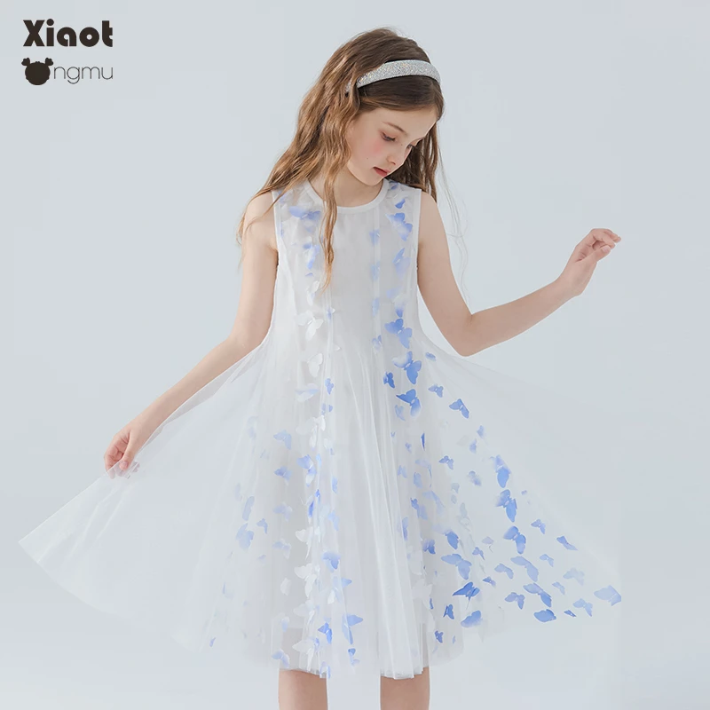 小童木 仙气公主裙女童连衣裙夏季新款立体蝴蝶中大童背心网纱裙