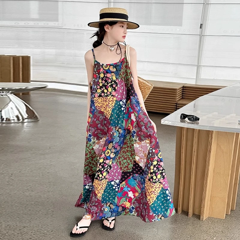 女童多巴胺碎花裙2025夏季新款儿童波西米亚度假风撞色沙滩连衣裙