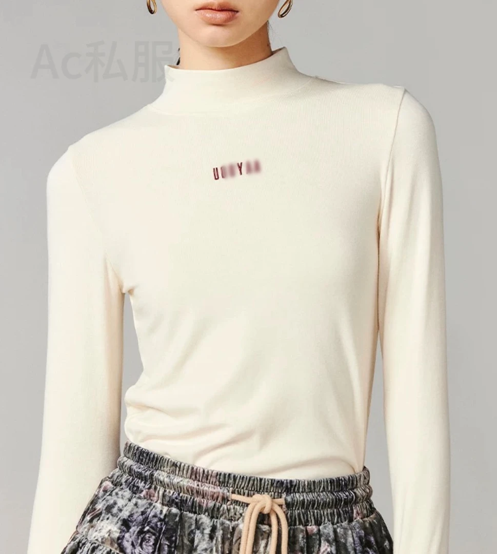 U丫设计师款 字母刺绣半领高弹力长袖打底衫修身套头T恤 F002