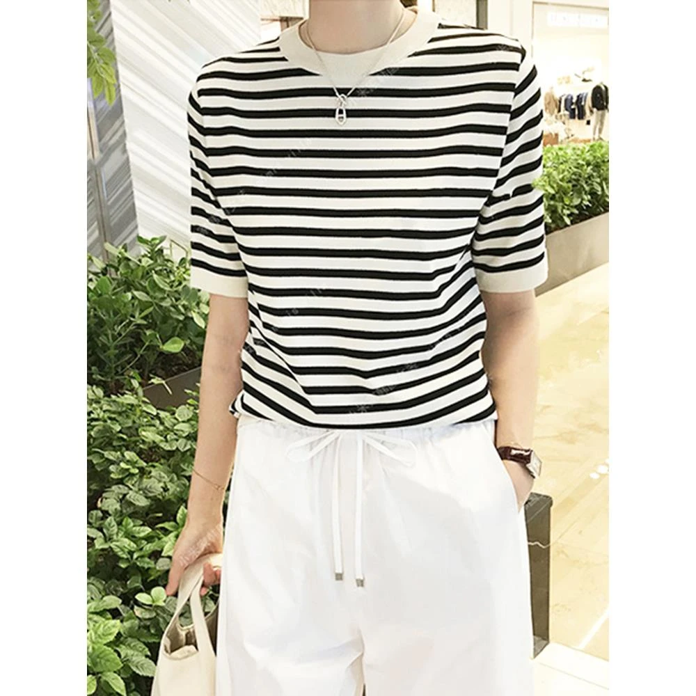 【商场同款】2025夏季女装黑白条纹短袖针织衫T恤女5300620