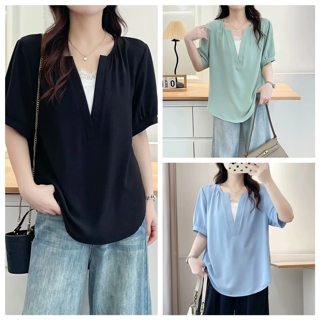 2025夏季韩版休闲上衣蕾丝拼接设计感假两件短袖大码衬衫女2538