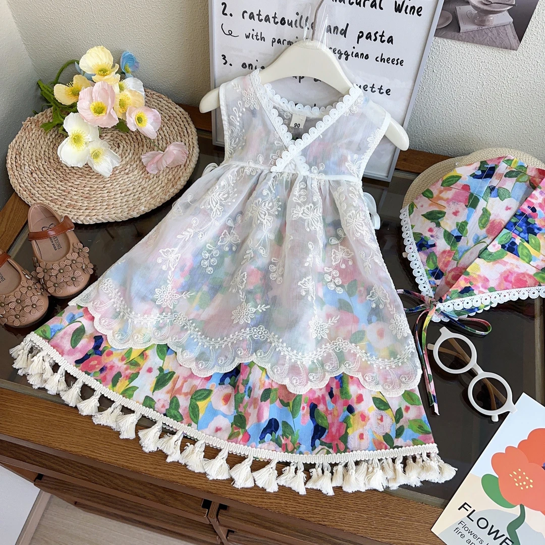 女童夏季新款女孩波西米亚风碎花吊带连衣裙两件套送头巾AXB039