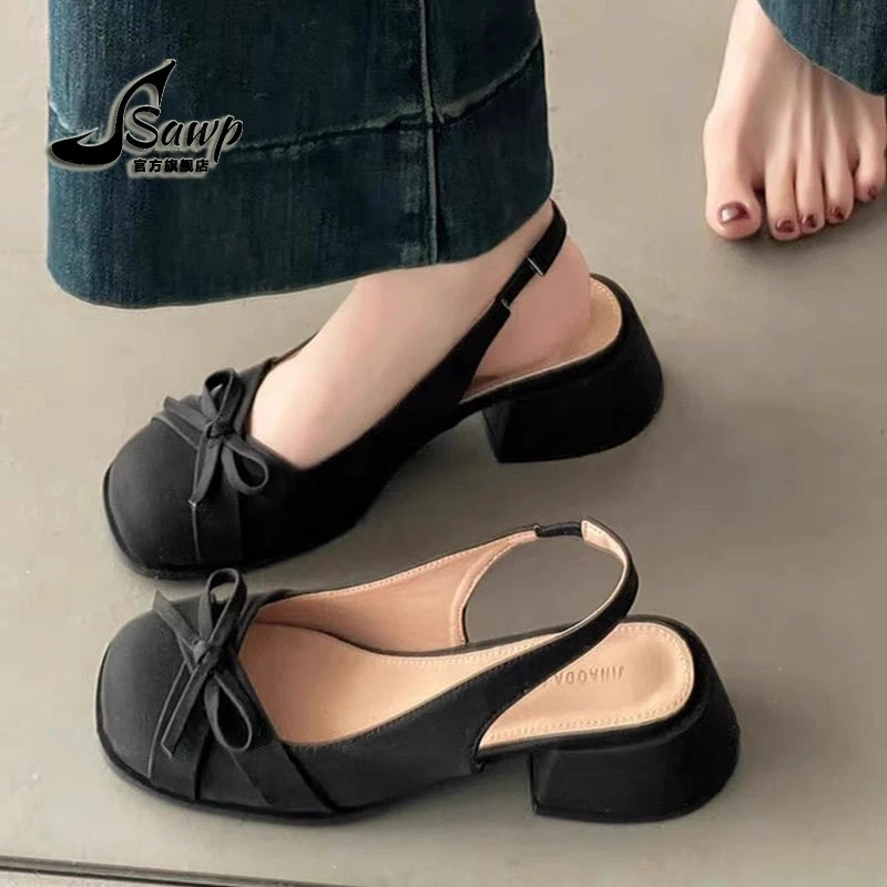 法式蝴蝶结包头凉鞋女2025夏季新款配裙子气质中跟单鞋粗跟高跟鞋