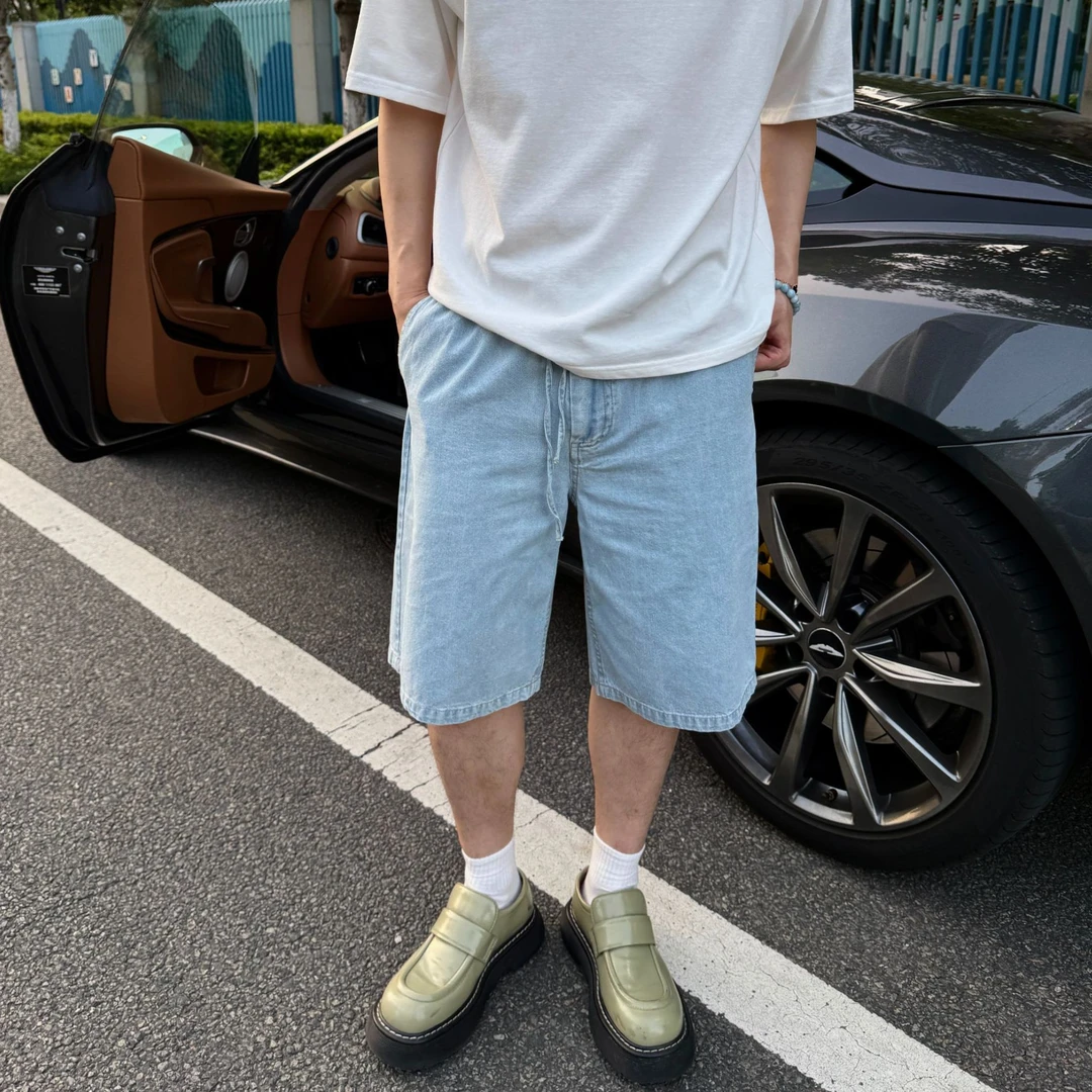 25春夏新款浅蓝色竹节纹薄款工装水洗宽松百搭休闲裤冰蓝牛仔短裤