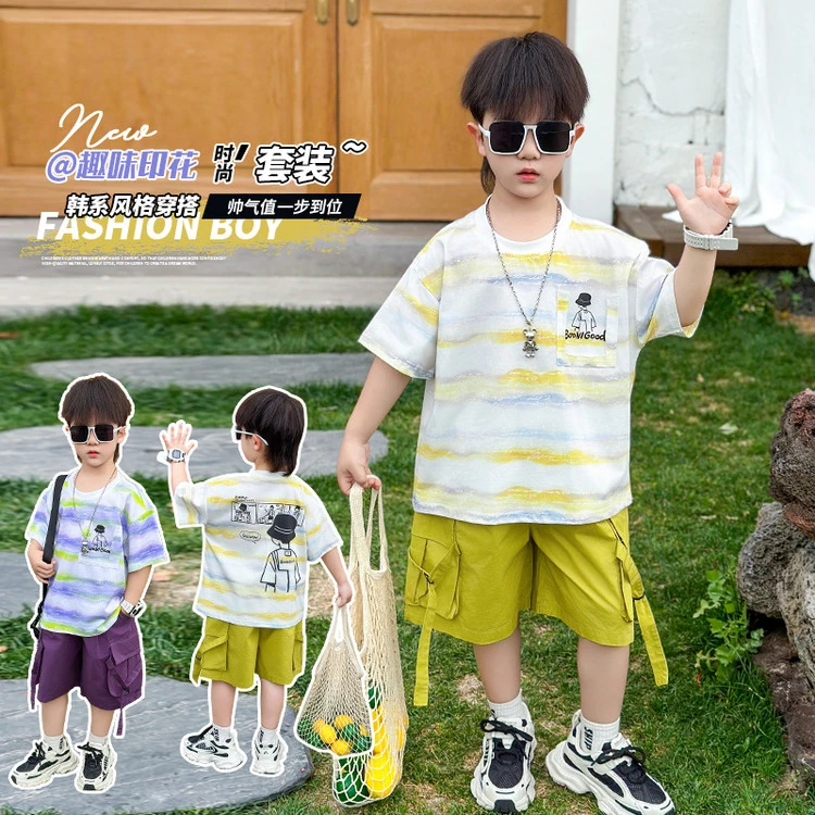 男童夏季套装2025新款中大童条纹短袖T恤短裤两件套潮酷男孩